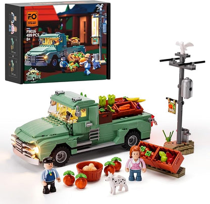 FUNWHOLE Retro Farm Truck LED Light Building Model Set - 499 Pcs Construction Bricks for Adults and Teens