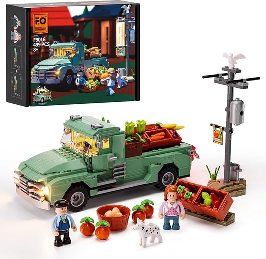 FUNWHOLE Retro Farm Truck LED Light Building Model Set - 499 Pcs Construction Bricks for Adults and Teens