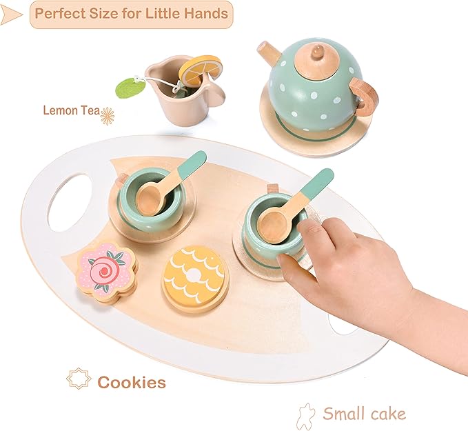 15pcs Wooden Tea Set for Little Girls, MONT PLEASANT Wooden Toys, Toddler Tea Set Play Kitchen Accessories Play Food playset for Kids Tea Party