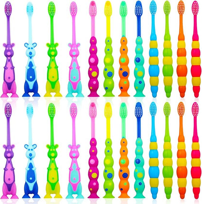 24 Pieces Toddler Toothbrush Bulk Kids Toothbrush Pack Manual Baby Toothbrushes with Covers Suction Cup Toothbrush Lovely Soft Bristle Animal Toothbrush for Kids Sensitive Teeth