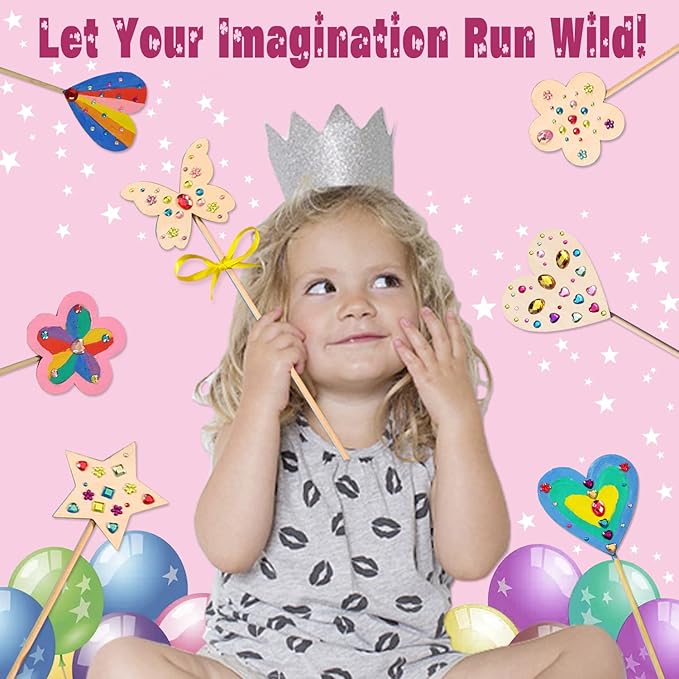 WUBOMJIO Princess Fairy Wands Craft Kit, Kid Birthday Party Supplies Make Your Own Magic Wands Include Unfinished Wooden Fairy Wands, Gem Stickers, Ribbons, Ideal for Kids 6+(14 PCS)