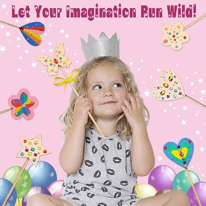 WUBOMJIO Princess Fairy Wands Craft Kit, Kid Birthday Party Supplies Make Your Own Magic Wands Include Unfinished Wooden Fairy Wands, Gem Stickers, Ribbons, Ideal for Kids 6+(14 PCS)