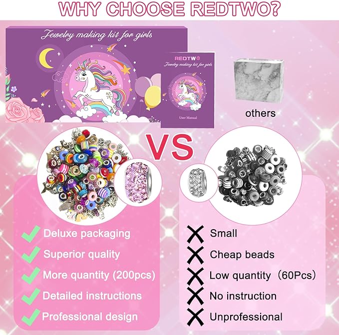 Redtwo 200 Pcs Charm Bracelet Making Kit, Friendship Jewelry Making Supplies Unicorn/Mermaid/Birthday Gifts Toys for Teen Girls Age 4 5 6 7 8 9 10 12 Year Old, Arts Crafts for Kids Ages 8-12