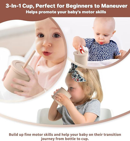 ECLIP Silicone Baby Feeding Set, 10 Pcs Baby Led Weaning Supplies with Suction Bowl Divided Plate Adjustable Bib Soft Spoon Fork Snack Cup with Lid Drinking Cup, Utensil (Beige)