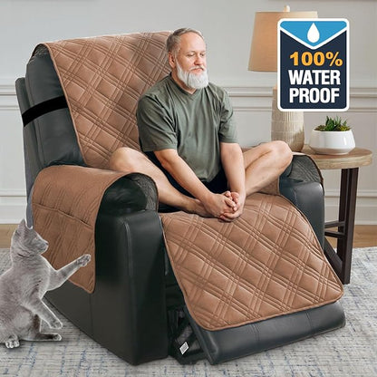 H.VERSAILTEX 100% Waterproof Nonslip Recliner Cover Stay in Place Recliner Couch Slipcover for Large Power Lift Recliner with Side Pocket Washable Reclining Furniture Protector,Terracotta/Beige