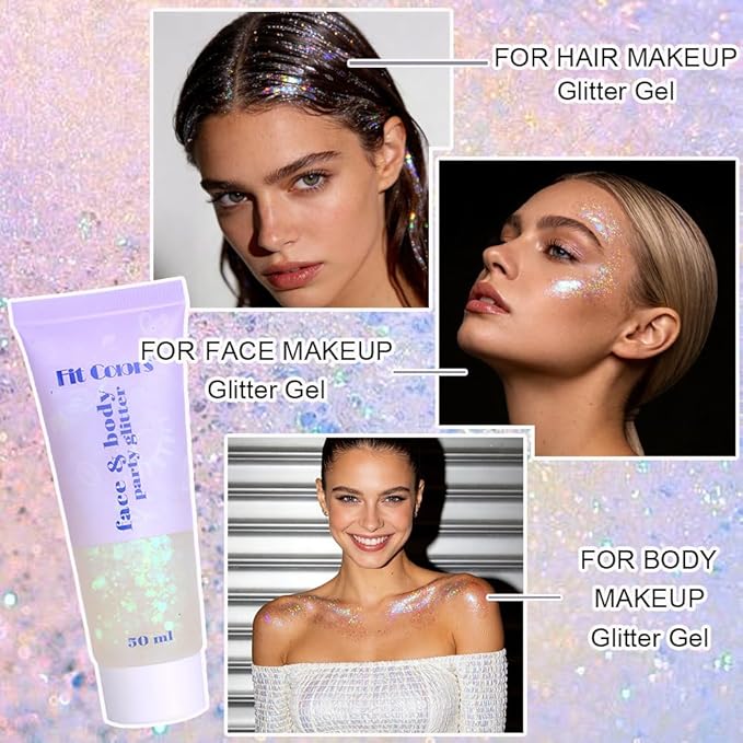 White Face Body Hair Glitter Gel for Women and Kids, Monochrome Holographic Mermaid Sequins Chunky Glitter Paint Makeup for Mardi Gras Halloween Festival Rave Outfits Accessories, 1.7oz, #06