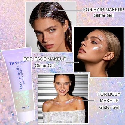 White Face Body Hair Glitter Gel for Women and Kids, Monochrome Holographic Mermaid Sequins Chunky Glitter Paint Makeup for Mardi Gras Halloween Festival Rave Outfits Accessories, 1.7oz, #06