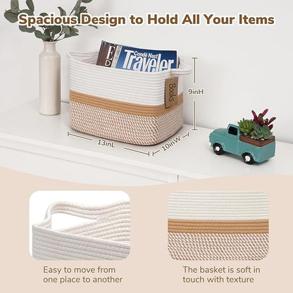 Goodpick Woven Storage Baskets for Organizing, Rectangle Cotton Rope Basket for Dog Toys Books Magazines, Stylish Gift Basket for Living Room Home Decor, 13" x 10" x 9", White & Camel Mix