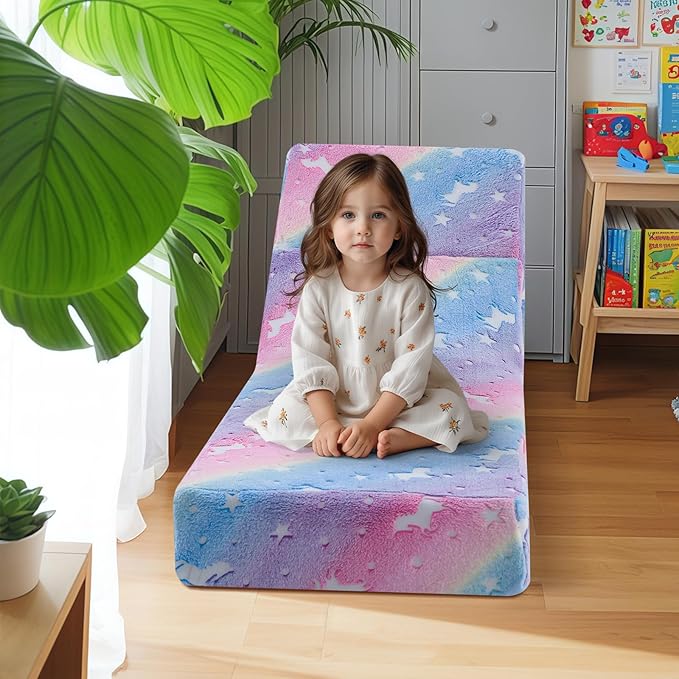 MeMoreCool Toddler Couch Fold Out Sofa Bed, Kids Lounge Chair Foldable Floor Lounger, 3-in-1 Folding Children Chair Bed, Pull Out Recliner for Toddlers 1-6, Unicorn
