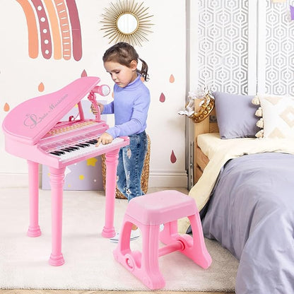Costzon Kids Piano, 31 Key Mini Grand Piano Toy Keyboard with Microphone, Stool & Lights, Portable Electronic Piano Educational Musical Instrument Toy, Birthday Gift for Toddler Boys Girls (Pink)
