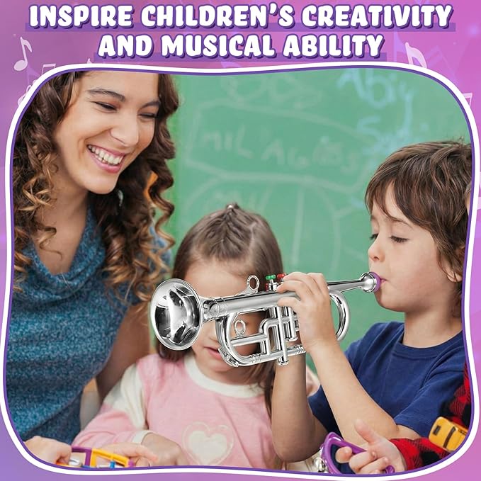 Lewtemi Silver Three-Valve Trumpet Musical Instruments Toy for Kid Toddler Fake Plastic Preschool Music Toy Gift Portable Wind Instrument Early Educational Teaching Songs Gifts for Toddlers Children