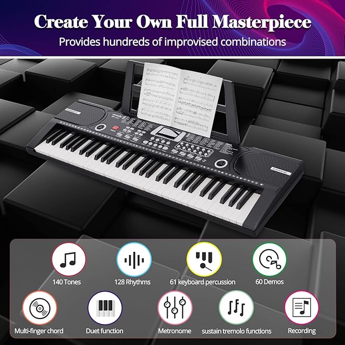 61 keys keyboard piano, Electronic Digital Piano with Built-In Speaker Microphone, Sheet Stand and Power Supply, Portable piano Keyboard Gift Teaching for Beginners