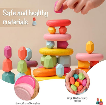 OESSUF Stacking Rocks 26Pcs Stacking Blocks Balancing Stacking Stones Wooden Building Toys Wood Stone Stacking Game for Toddler Sorting Preschool Educational Montessori Stacking Rocks for Kids