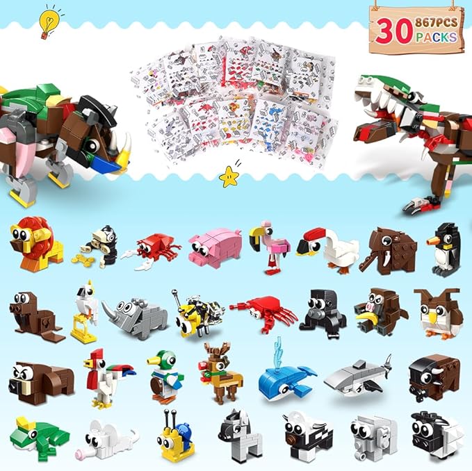 HOGOKIDS 30 Packs Party Favors for Kids - 867PCS Animals Building Blocks Sets for Classroom Prizes Goodie Bag Fillers Stocking Stuffers Birthday Valentines Easter Gifts for Kids Boys Girls 6+