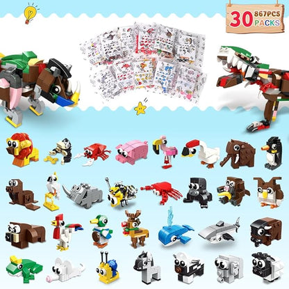 HOGOKIDS 30 Packs Party Favors for Kids - 867PCS Animals Building Blocks Sets for Classroom Prizes Goodie Bag Fillers Stocking Stuffers Birthday Valentines Easter Gifts for Kids Boys Girls 6+