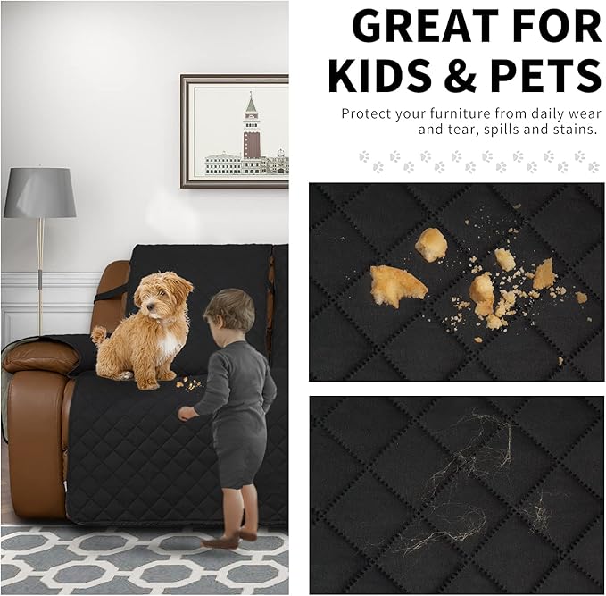 Easy-Going Loveseat Recliner Cover, Reversible Couch Cover for Double Recliner, Split Sofa Cover for Each Seat, Furniture Protector with Elastic Straps for Kids, Dogs, Pets(2 Seater, Black/Beige)