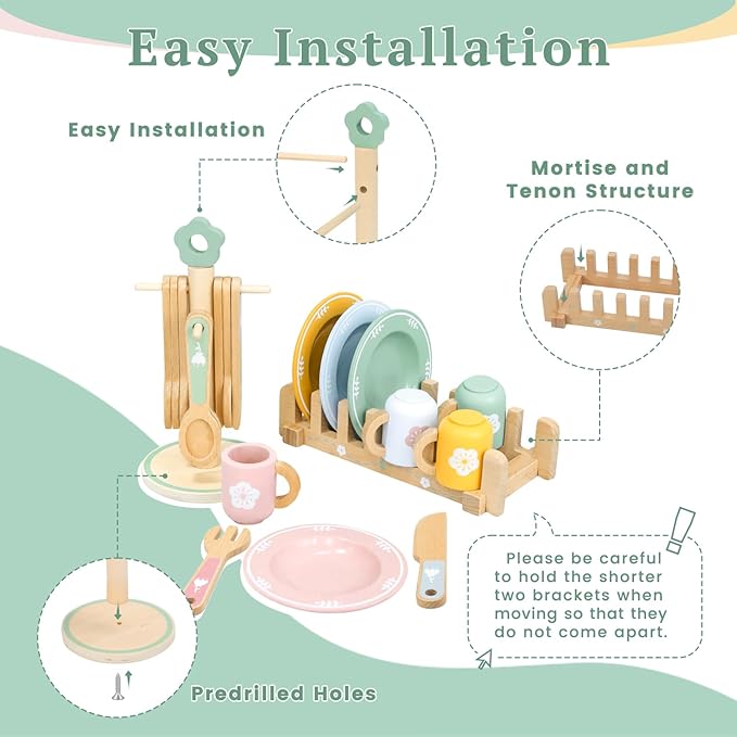 Wooden Play Kitchen Accessories Toys for Toddlers 3+, 22 PCS Kids Play Kitchen with Cute Cutlery Rack&Dish Rack,Play Dishes for Kids Kitchen,Montessori Pretend Birthday Gifts for Girls Boys