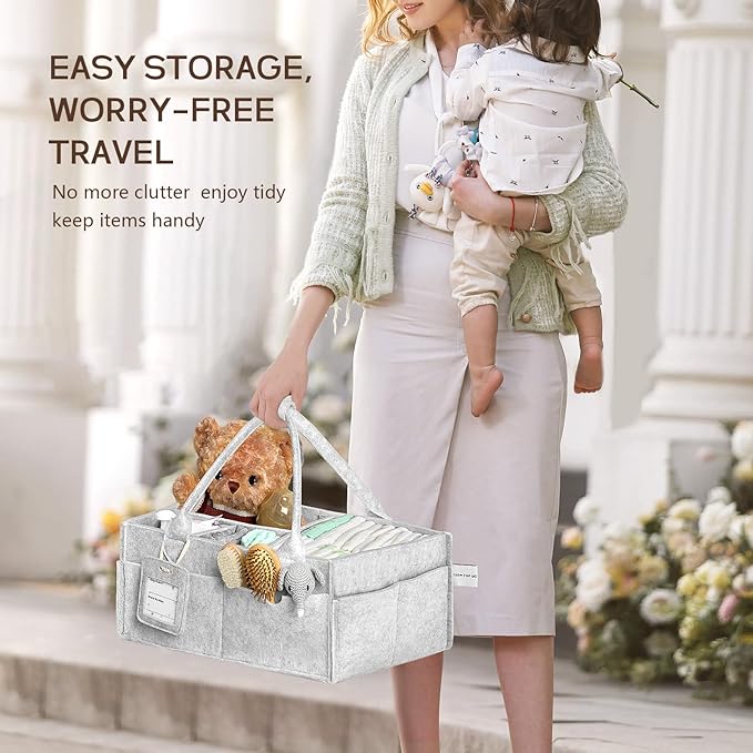 GEMII Diaper Caddy Organizer-Large Baby Caddy Organizer with Handle，Newborn Registry Essentials，Baby Shower Gift Basket for Boy or Girl (Gray, Large)