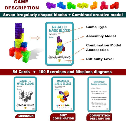 Magnetic Building Blocks Magic Magnetic 3D Puzzle Cubes, Set of 7 Multi Shapes Magnetic Blocks with 54 Guide Cards,Parent-Child Interactive Children's Educational Toys (7color)