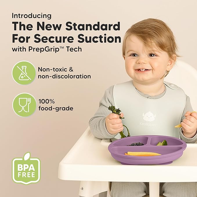 KeaBabies Suction Plates for Baby, Toddler - 3-Pack 100% Silicone Toddler Plates, Divided Baby Plates with Suction, Silicone Plates for Baby, Kids, BPA-Free, Microwave, Dishwasher Safe (Amethyst)