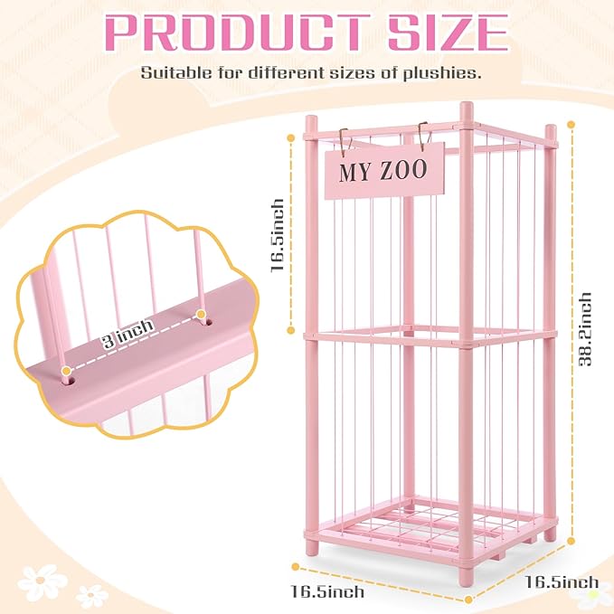GLDZI Stuffed Animal Storage Zoo, Wooden Stuffed Animal Organizer with Elastic Cords for Boys Girls, Space Saving Toy Plushies Storage Holder for Playroom, Bedroom, Living Room (Pink, Small)
