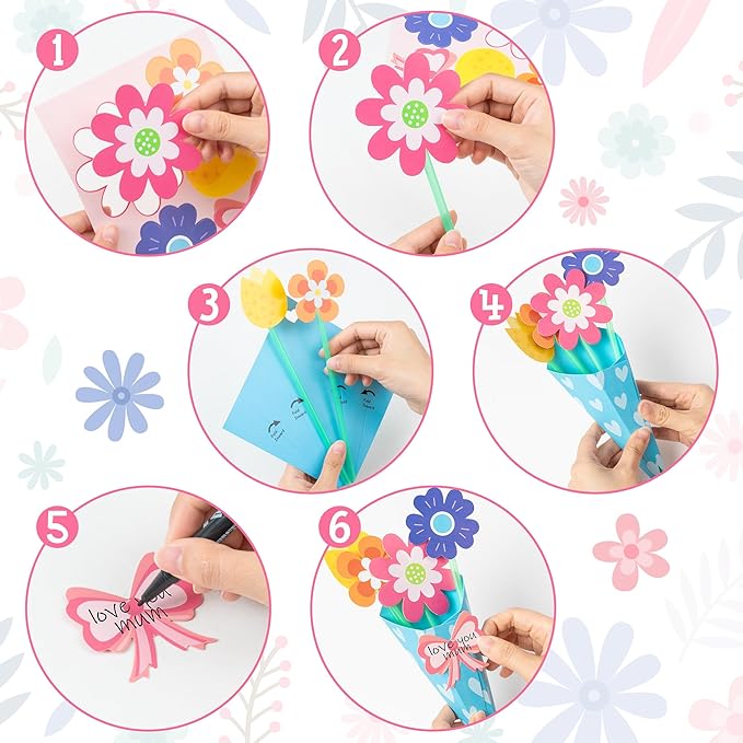 BeYumi Flower Bouquet Craft Kit - 48Pcs Mother's Day Flower Bouquet Craft in Two Colors for Kids Make Your Own Flower Bouquet Teacher Appreciation Week DIY Gift School Classroom Home Fun Activities