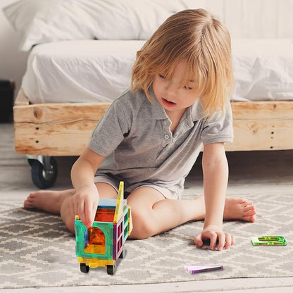 Magnetic Tiles Car Building Kit for Toddlers, 4 PCS Magnet Construction Trucks, STEM Toys for 3-8 Year Old Boys Girls, Educational Vehicle Engineering Set