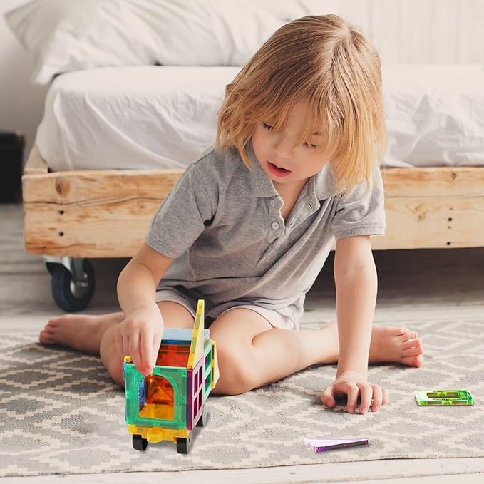 Magnetic Tiles Car Building Kit for Toddlers, 4 PCS Magnet Construction Trucks, STEM Toys for 3-8 Year Old Boys Girls, Educational Vehicle Engineering Set