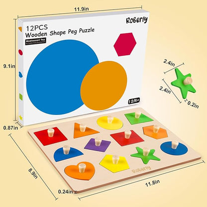 Roberly Shape Wooden Puzzles for Toddlers 1-3, Montessori Toys Peg Puzzle Geometric Color Matching Board for Girls Boys 12-18-24 Months Preschool Learning Educational Toys Birthday Gifts for Kids