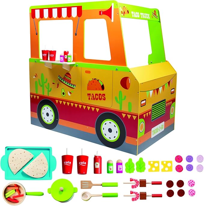 Taco Truck Wooden Playset, 30 Toy Pieces- Cook Top, Steering Wheel Sink Sticker Sheet for Kids Name- Food, Taco Shells, Cheese, Patties- Dual Sided Activity Play Stand Set for Indoor Fun, Ages 3+ Gift
