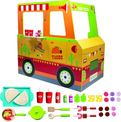 Taco Truck Wooden Playset, 30 Toy Pieces- Cook Top, Steering Wheel Sink Sticker Sheet for Kids Name- Food, Taco Shells, Cheese, Patties- Dual Sided Activity Play Stand Set for Indoor Fun, Ages 3+ Gift