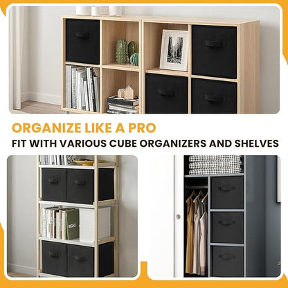 Large Storage Cubes- 13 Inch Cube Storage Bins for Organizing Shelves Kallax - Nursery Closet Organization Bins for Clothes Blanket - 10 Pack Collapsible Decorative Storage Box for Living Room (Black)
