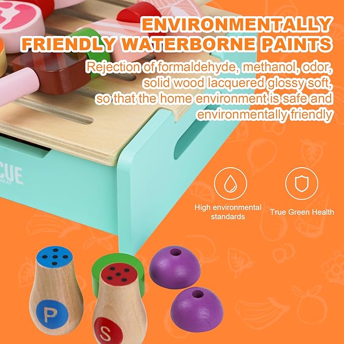 Wooden Grill Playset for Kids 3 Years Old,Children BBQ Grill Playset,2025 New Upgrade Play Kitchen Toy Grill-Pink，chiristmas Gift for Kids