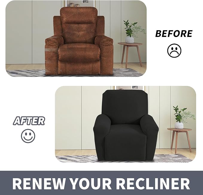 JIVINER Oversized Recliner Chair Covers, 3 Piece Slipcovers for Large Recliner Chair Soft Jacquard Reclining Chair Protector Slipcovers for Dogs,Cats (X-Large, Black)
