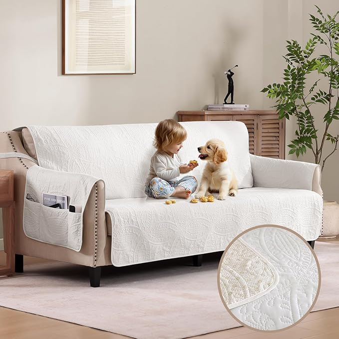 Soft Quilted Couch Cover with Pockets for Extra-Large Sofa, Anti-Slip Sofa Covers Washable for 3 Cushion Pet Friendly Medallion Oversized Sofa Cover Water-Repellent (X-Large Sofa 78", White)