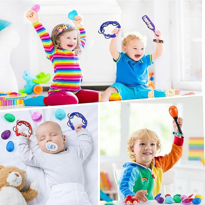 Silipull 108 Pcs Shaker Musical Instruments Set for Kids Early Music Learning Toy Bulk Egg Shaker Wrist Hand Band Bells Maracas Percussion Tambourine Cymbals Plastic Castanets for Preschool