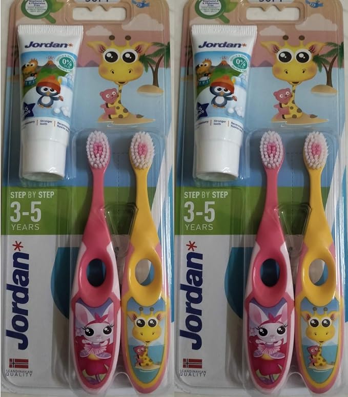 Jordan* Step 2 Kids Toothbrush, 3-5 Years, Soft Bristles, BPA Free (4 Pack) Pink & Yellow