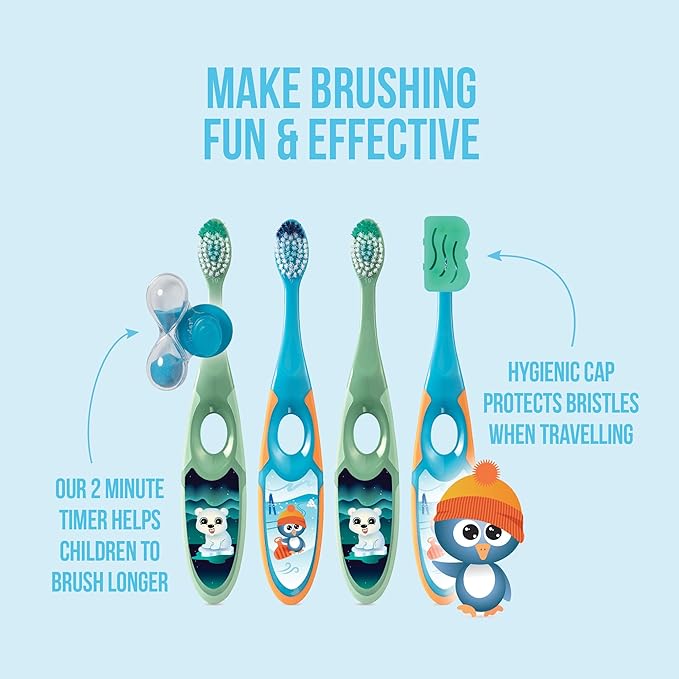 Jordan* Step 2 Kids Toothbrush, 3-5 Years, Soft Bristles, BPA Free (4 Pack) Blue & Green