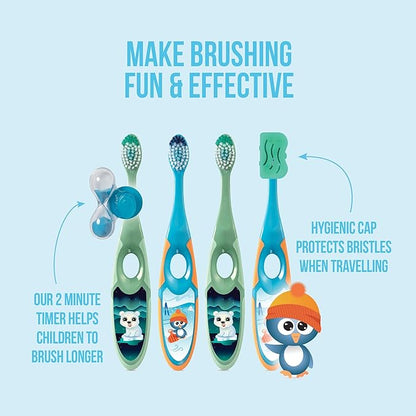 Jordan* Step 2 Kids Toothbrush, 3-5 Years, Soft Bristles, BPA Free (4 Pack) Blue & Green