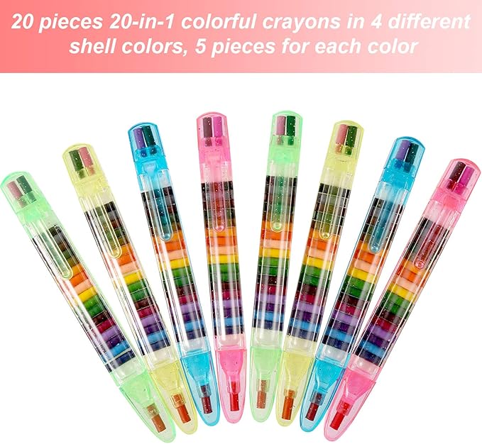 BBTO 20 Pieces Stackable Crayons for Kids Buildable Rainbow Glitter Crayon 20 in 1 Stacking Point Crayons for Drawing Learning and Art Class Supplies, 4 Shell Colors