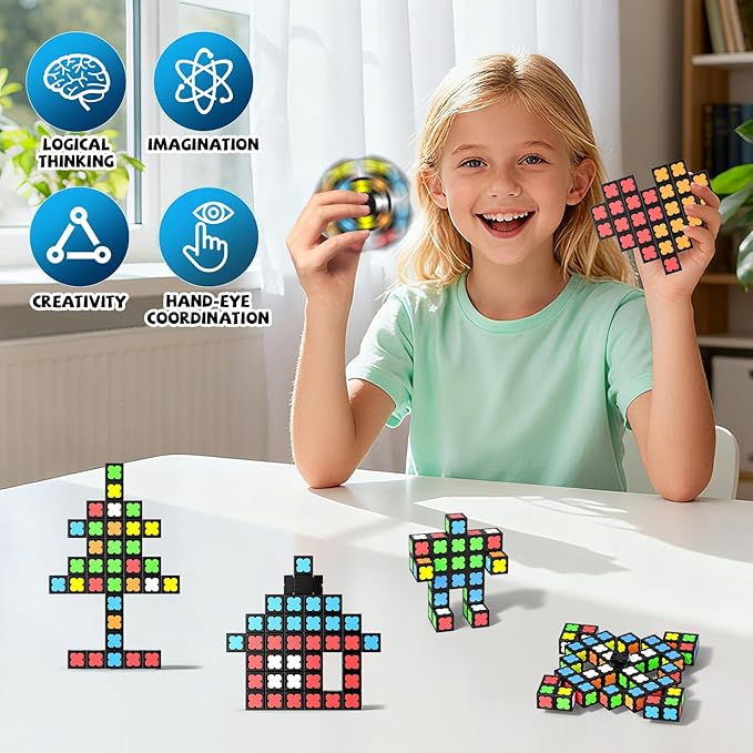 Magnetic Fidget Spinner Mini-38 Blocks, Glow Magnet Cube & Transformable Fidget Spinner & Infinity Cube & 3x3x3 Cube-4 in 1 Toy, STEM Building Tiles Stress Relief Sensory Gift for Kid Boy Girl Adult
