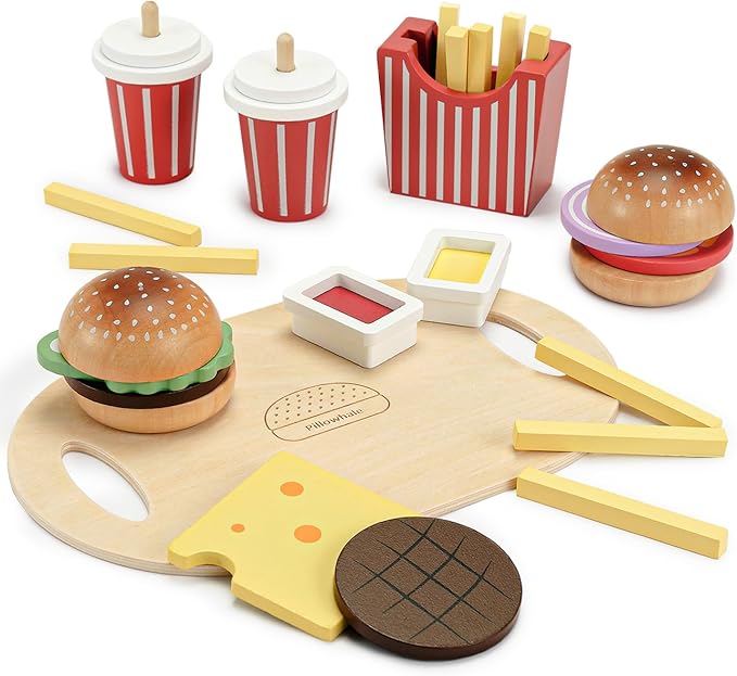 Wooden Play Food Toy for Kids Pretend Play Kitchen Accessories for Toddlers Wooden Play Fast Food Hamburger Set Educational Toys Gift for Boys Girls