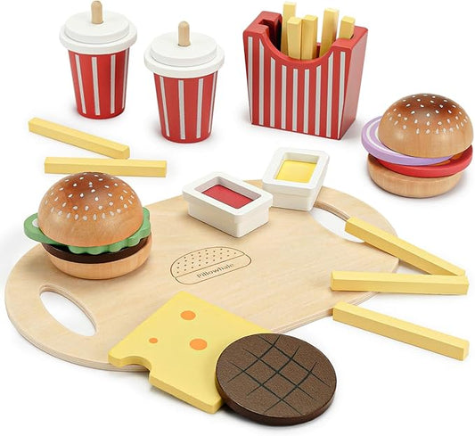 Wooden Play Food Toy for Kids Pretend Play Kitchen Accessories for Toddlers Wooden Play Fast Food Hamburger Set Educational Toys Gift for Boys Girls