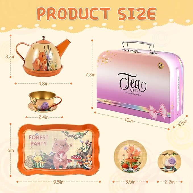 Tea Party Set for Toddlers 3-5 44 Pcs Bear Tin Teapot Set with Cups,Plates,Dessert and Carrying Case Pretend Play Kitchen Toys for Little Girls Birthday Gifts for 3 4 5 Year Old