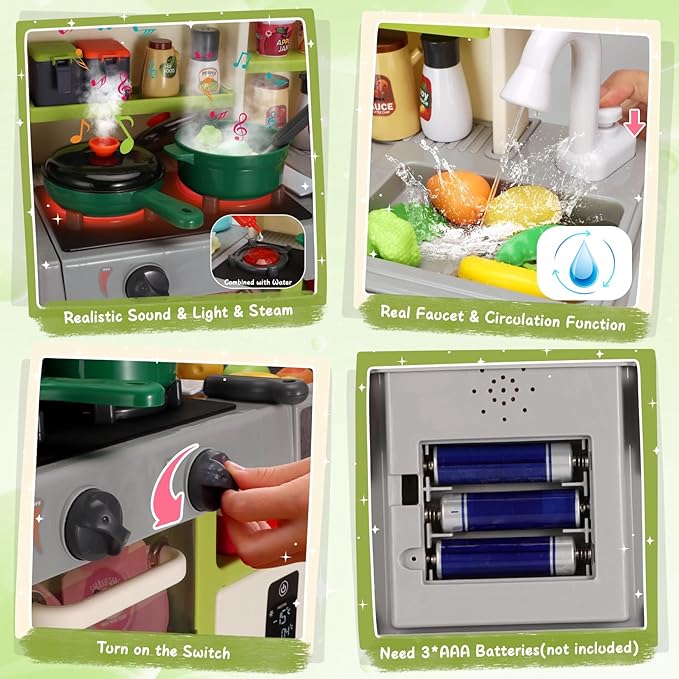 Kids Kitchen Playset, Easface Play Kitchen for Toddlers 1-3 with Sound and Light, Cooking Stove with Steam, Play Sink and Toy Kitchen Accessories Pretend Kitchen Toys for Girls Boys 3-5 (Soft Green)