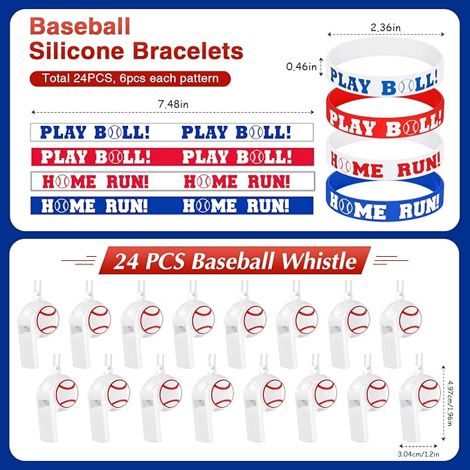 Aoriher 194 Pcs Baseball Party Favors Set Sport Silicone Bracelet Sport Car Keychain Whistle for Girls Boys Birthday Gifts Sport Themed Party Supplies