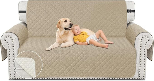 XINEAGE Loveseat Sofa Cover Waterproof Couch Covers for 2 Cushion Couch, Soft Washable Slipcover with Pockets & Non-Slip Elastic Straps, Thick Furniture Protector (Loveseat, Khaki)