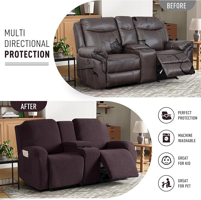 KinCam Loveseat Recliner Covers with Middle Console Slipcover, Recliner Sofa Covers 2 Seat Couch Cover Stripe Jacquard Furniture Protector Covers with Elastic Bottom for Kids, Pets (Chocolate)