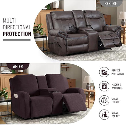 KinCam Loveseat Recliner Covers with Middle Console Slipcover, Recliner Sofa Covers 2 Seat Couch Cover Stripe Jacquard Furniture Protector Covers with Elastic Bottom for Kids, Pets (Chocolate)