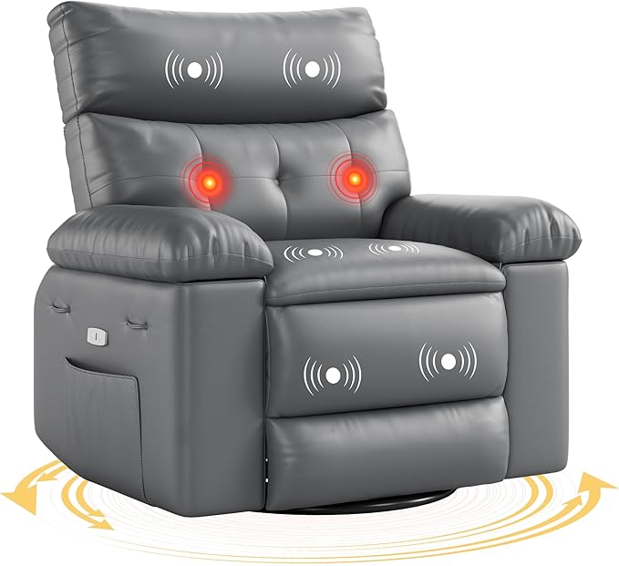 Oversized Power Recliner Chair - Electric 360° Rocker Swivel Recliner with Heat and Massage, PU Leather Large Recliners for Adults, Comfortable Lazy Chair with 1.5X Sponge Filling